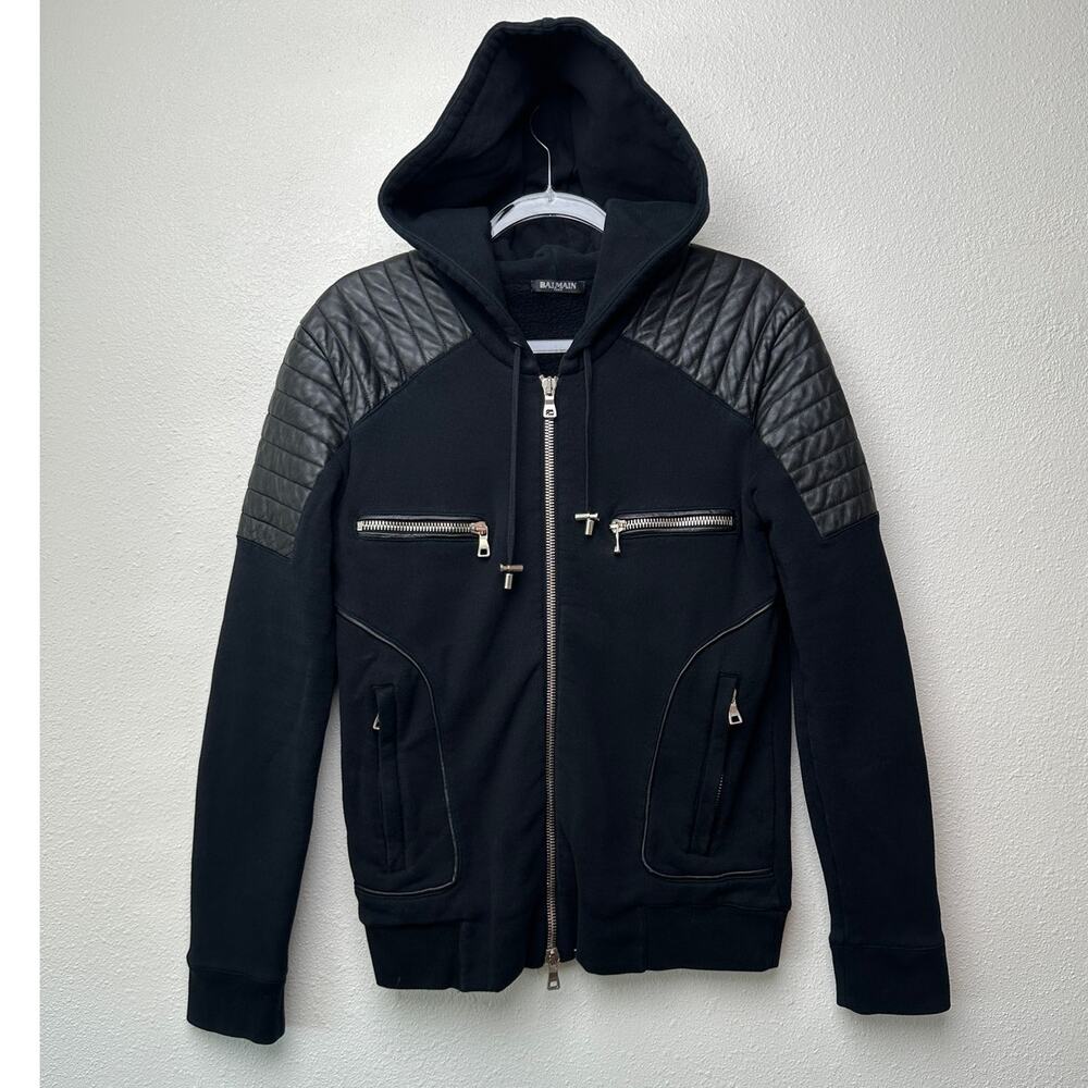 FUC Balmain Black Moto Hoodie Jacket Quilted Leather Shoulder Zip Sweatshirt M - Picture 2 of 15